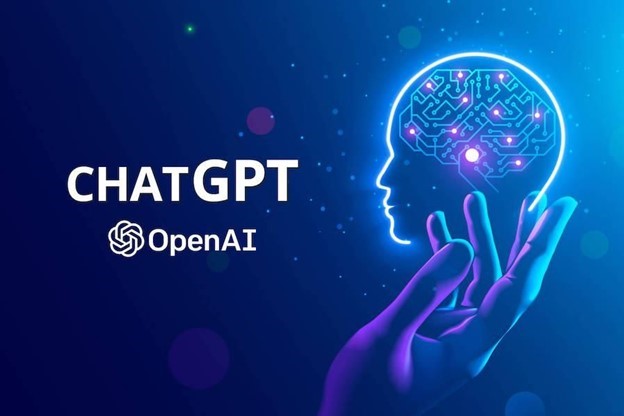 A hand holding a digital rendering of an illuminated brain with the words ChatGPT and OpenAI